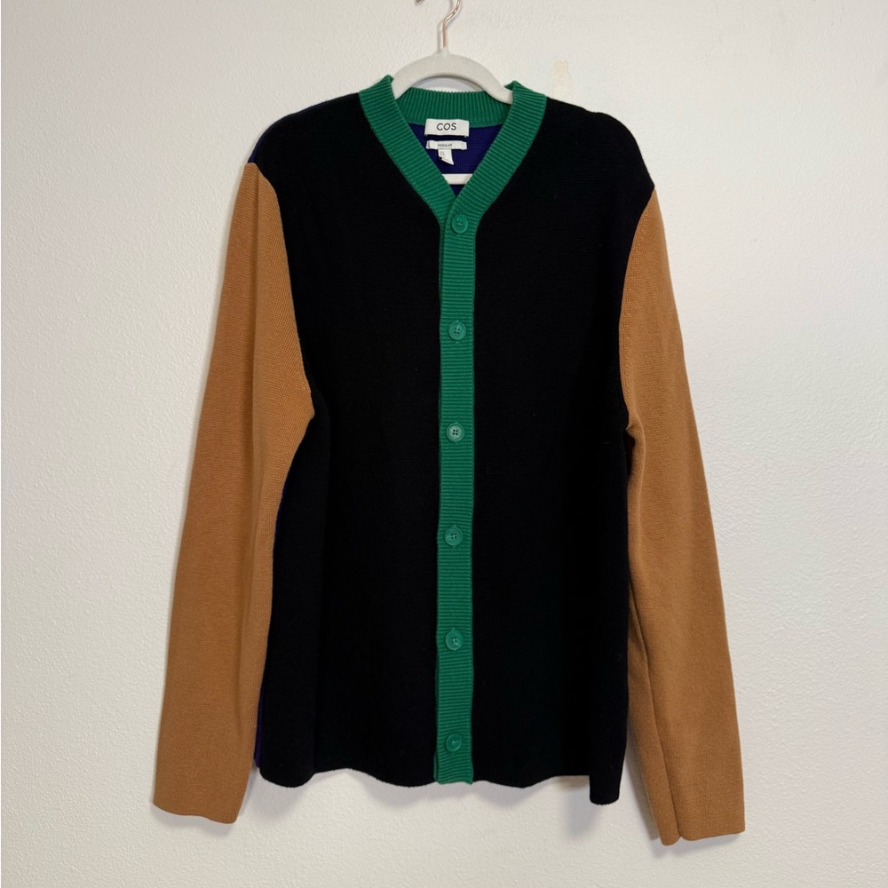 COS Wool Blend Cardigan Mens Sz XL Color-block High V-Neck Heavy Knit